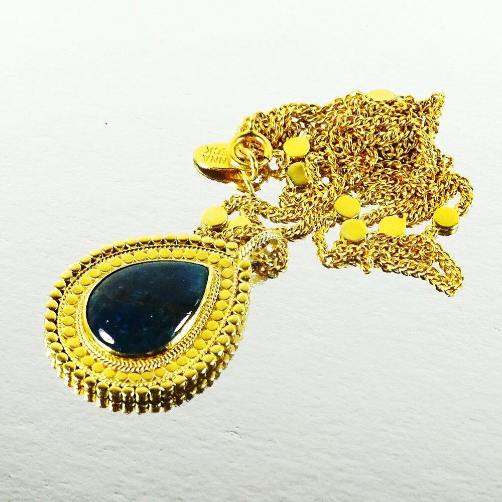 ANNA BECK Sterling Silver 18K Gold Blue Agate Double Sided Pendant Long Necklace